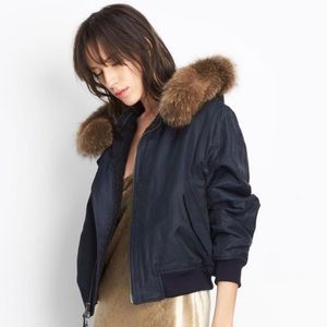 Vince Navy Fur Trimmed Bomber Jacket